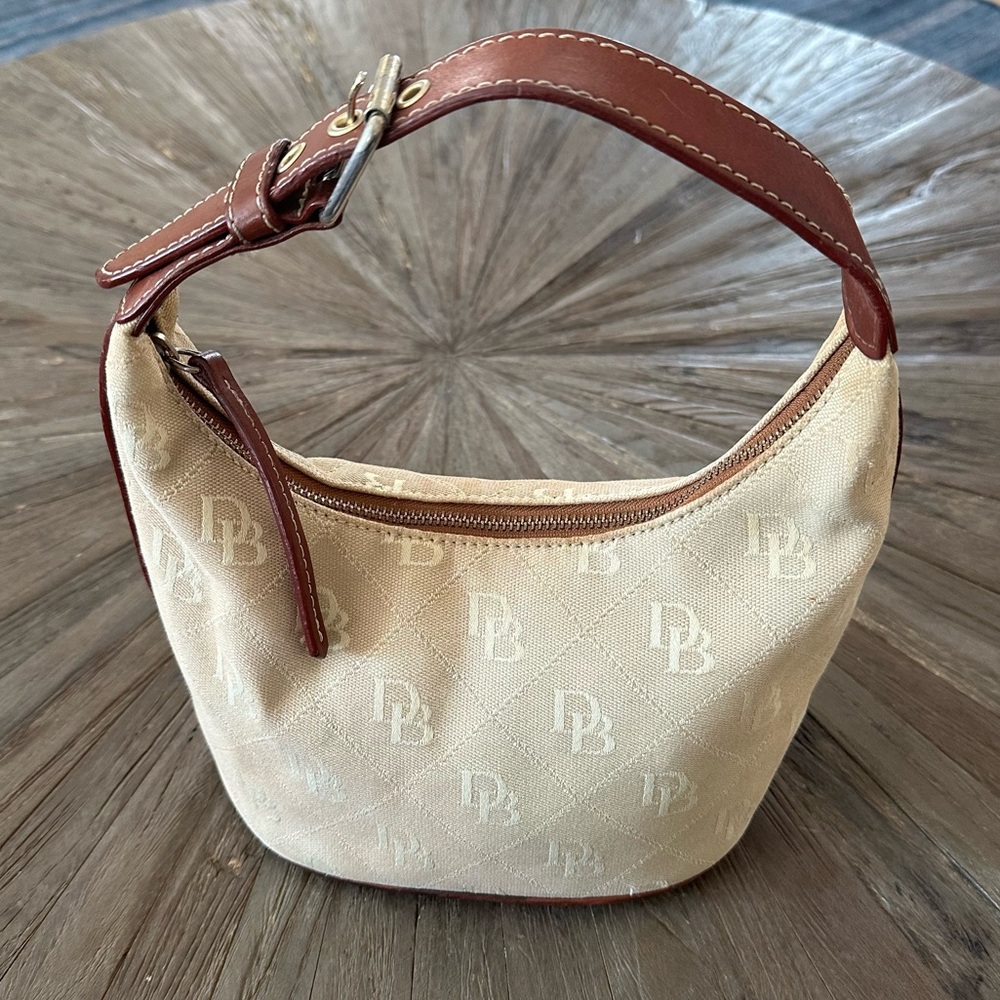 Dooney & Bourke Bag Small Tan & Brown Hobo Shoulder Bag Purse DB Monogram